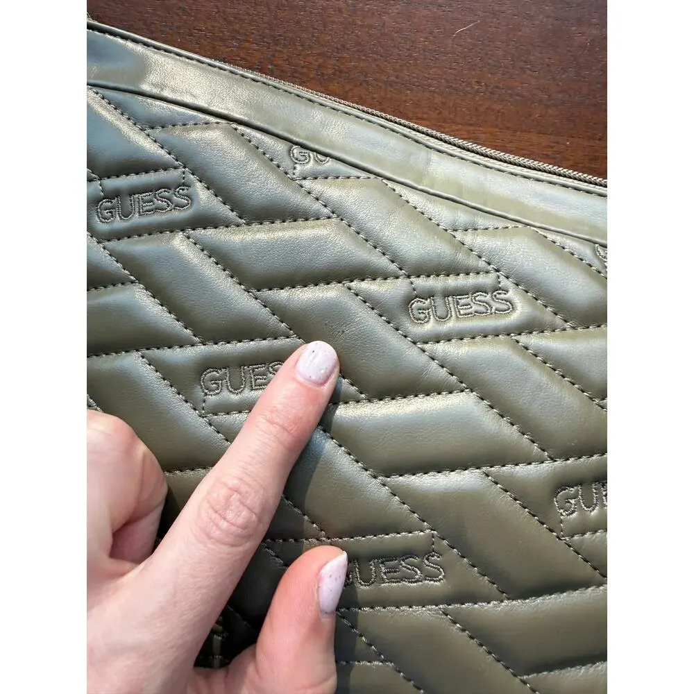 NWT GUESS Olive Green Quilted Logo Cosmetic Pouch Briella Travel Bag